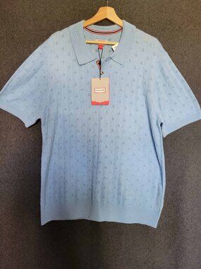 Hunter Knit Blue Polo Shirt Ribbed Hem 3/4 Button Up Men's XL Preppy Golf Chic